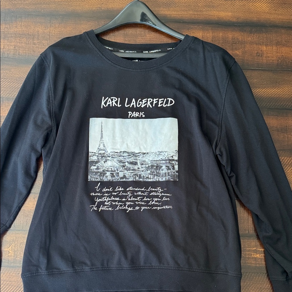Karl Lagerfeld Black Crewneck Lightweight Sweatshirt with Paris Graphic